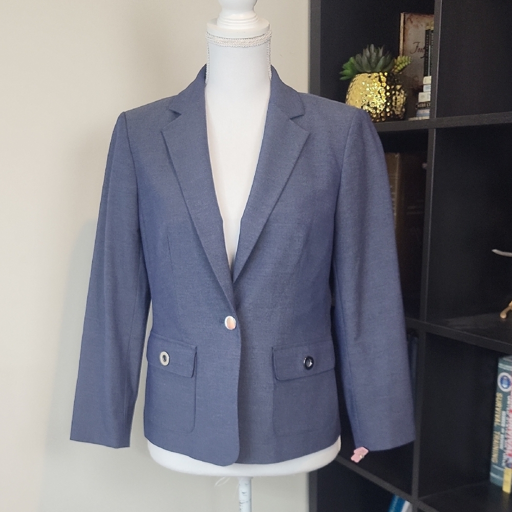 CALVIN KLEIN Blue Vicose Blend Notched Lapel Silvertone Grommet Detail Blazer
